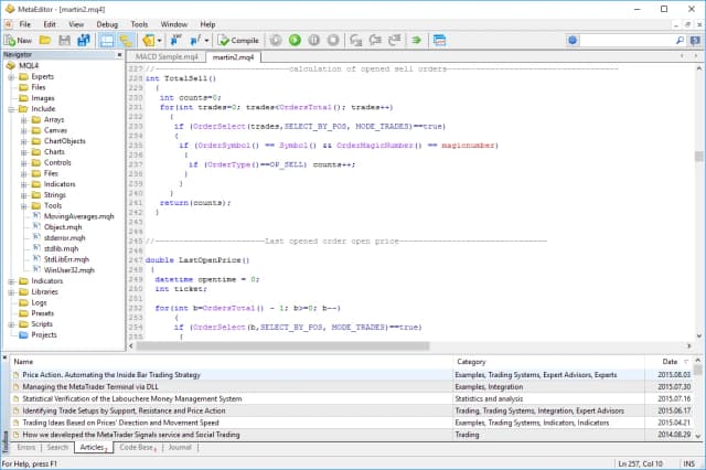 Milton Markets MT4 MetaEditor showing MQL4 automated trading strategy development with Expert Advisors