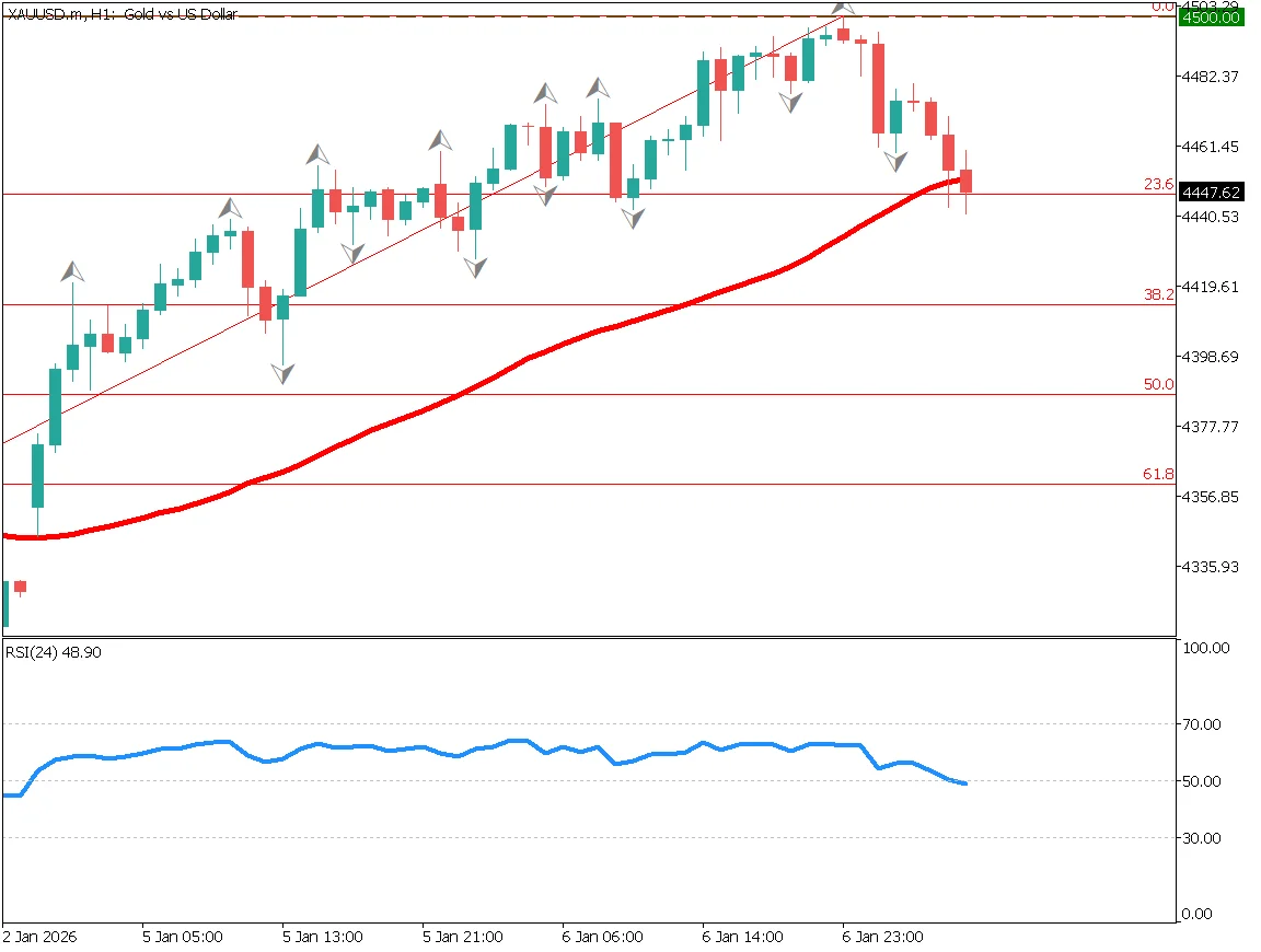 ゴールド1時間足チャート：調整の下落、フィボナッチ23.6％が支持帯、52移動平均線接近、RSIが50を下回る、下値目安4420ドル・4390ドル、4400ドル下回りで押し目買い（2026年1月7日）